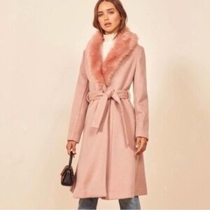 Reformation Pink Trench Coat with Faux Fur Collar